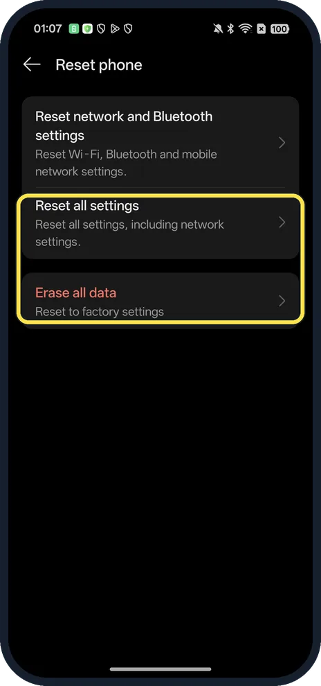 Android screenshot: Reset all settings