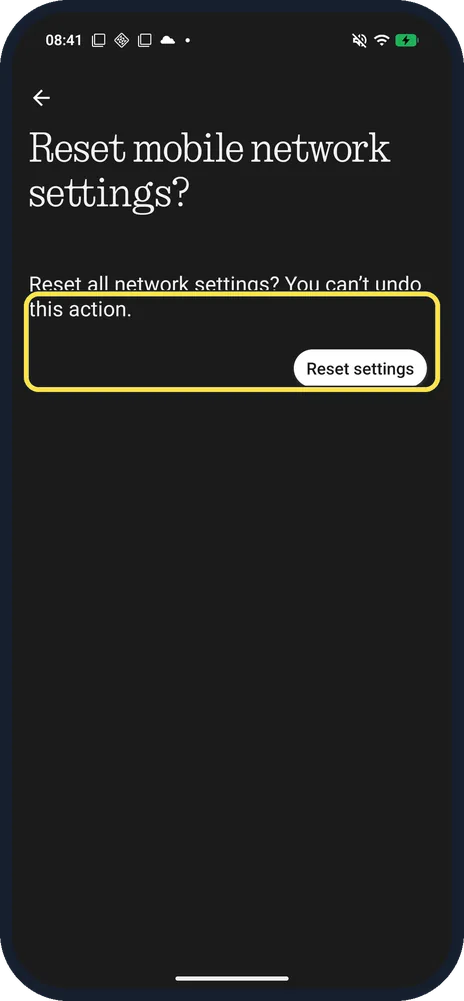 Android screenshot: Reset settings
