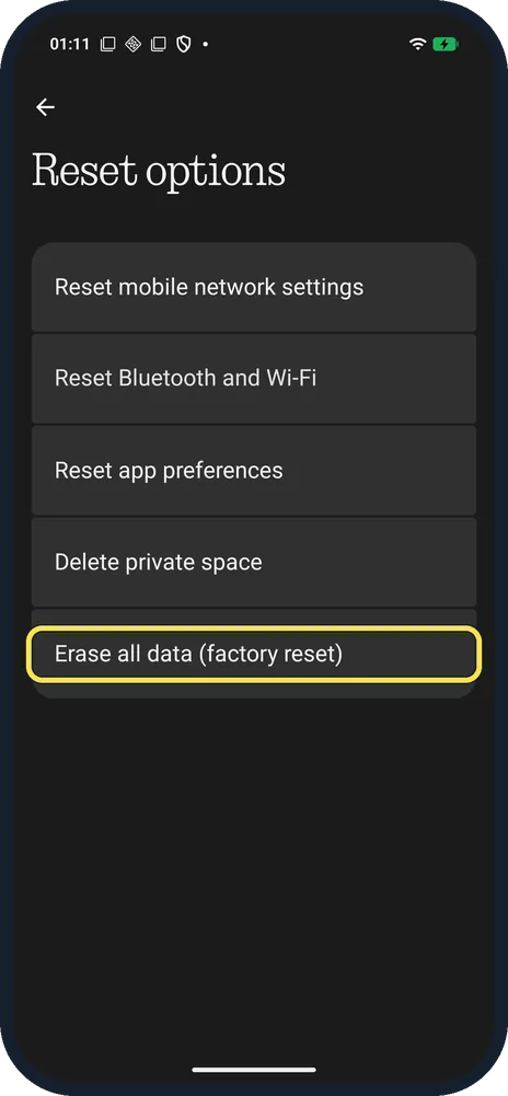 Android screenshot: Erase all data (factory reset)