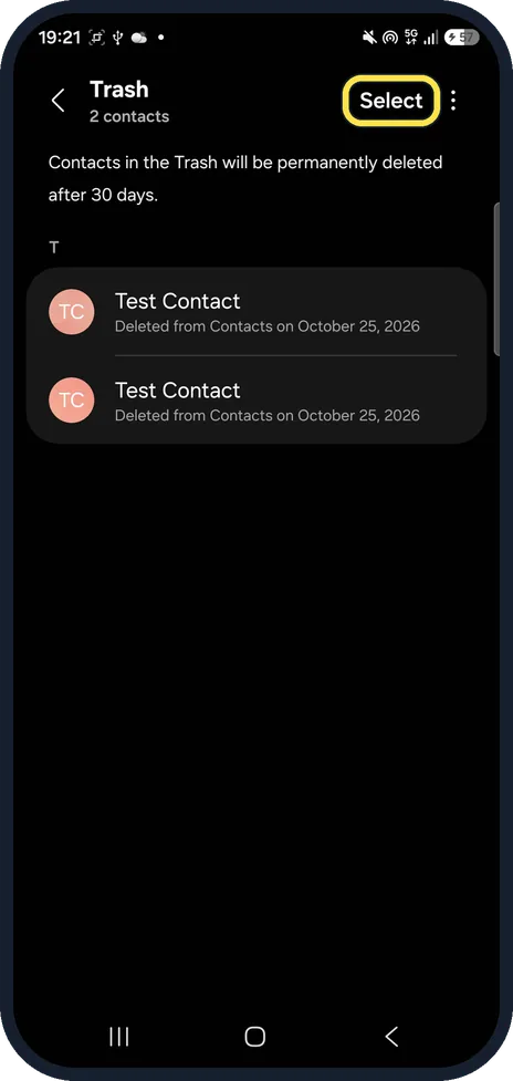 Android screenshot: Select in the Trash