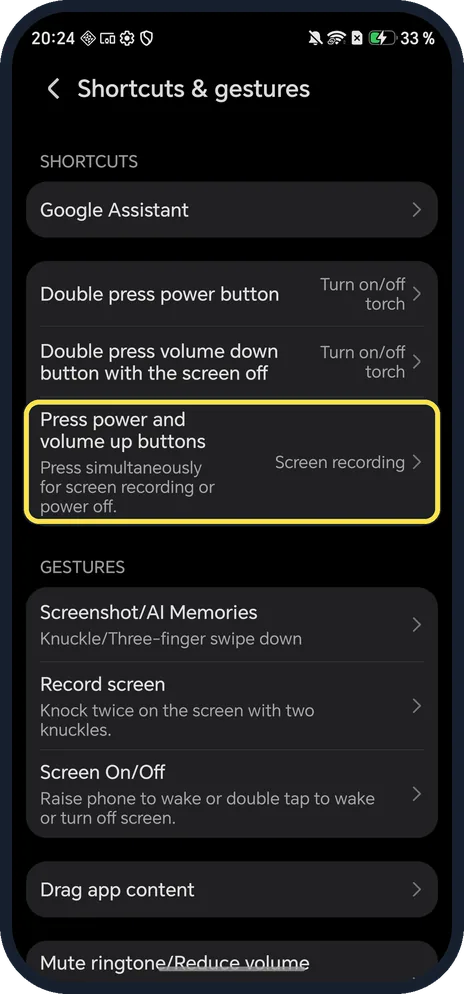 Android screenshot: Power and Volume Up shortcut