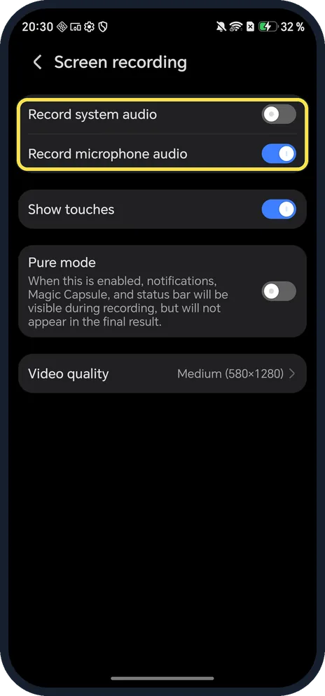 Android screenshot: Screen recording settings