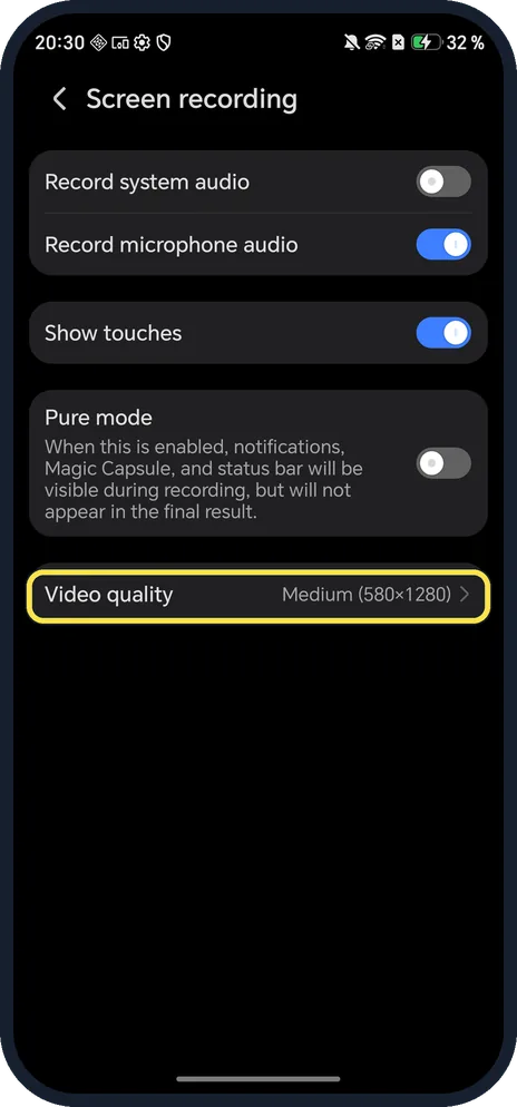 Android screenshot: Video quality Medium (580x1280)
