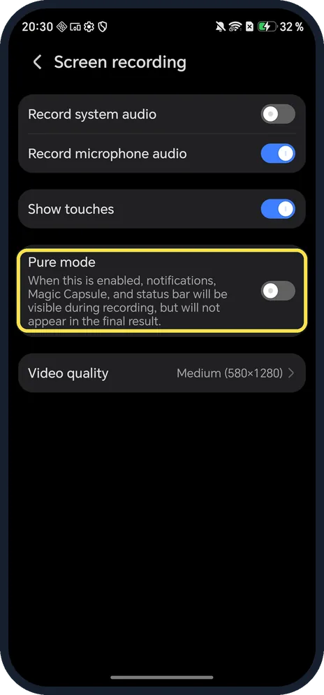 Android screenshot: Pure mode