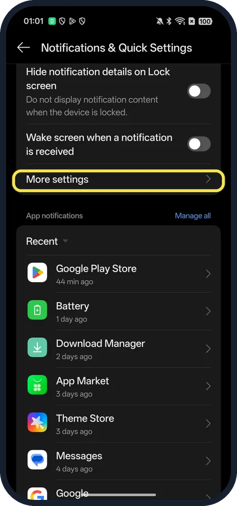 Android screenshot: More settings
