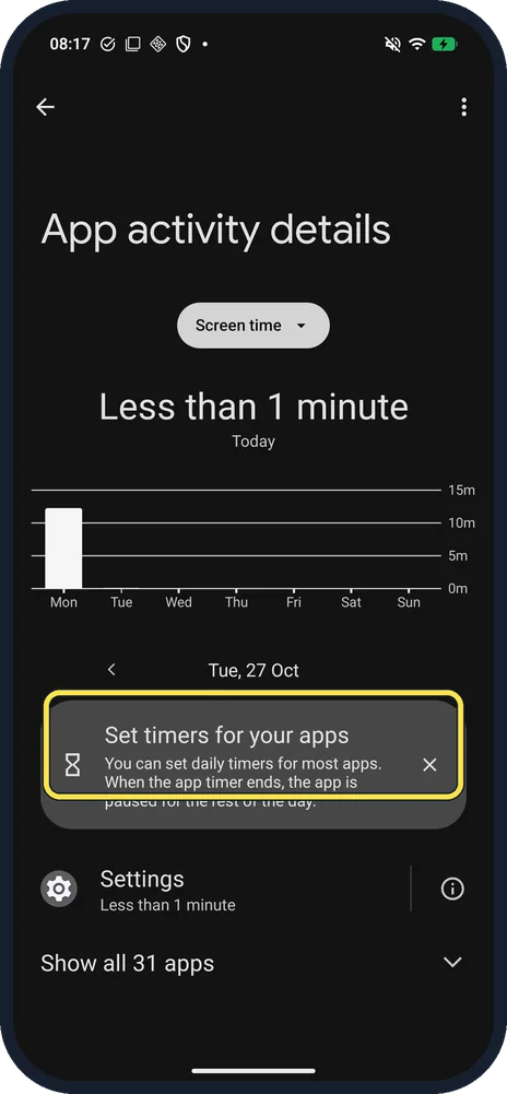 Android screenshot: Set timers for your apps card on App activity details