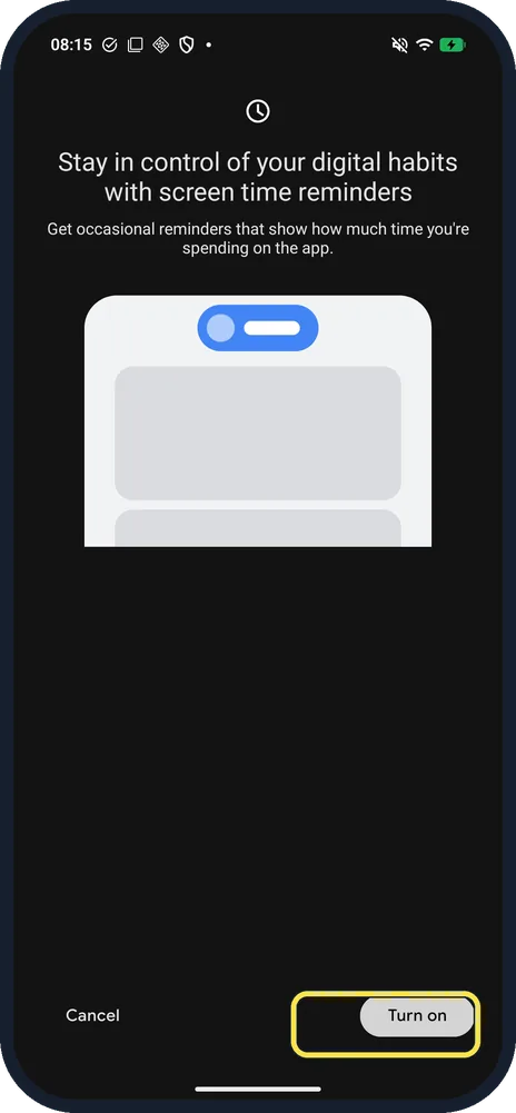 Android screenshot: Turn on button for screen time reminders