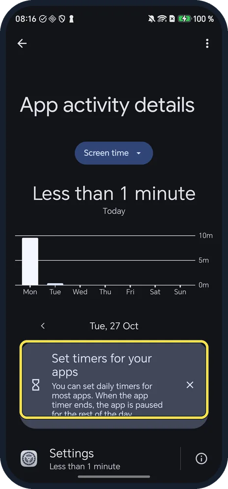 Android screenshot: Set timers for your apps card on App activity details