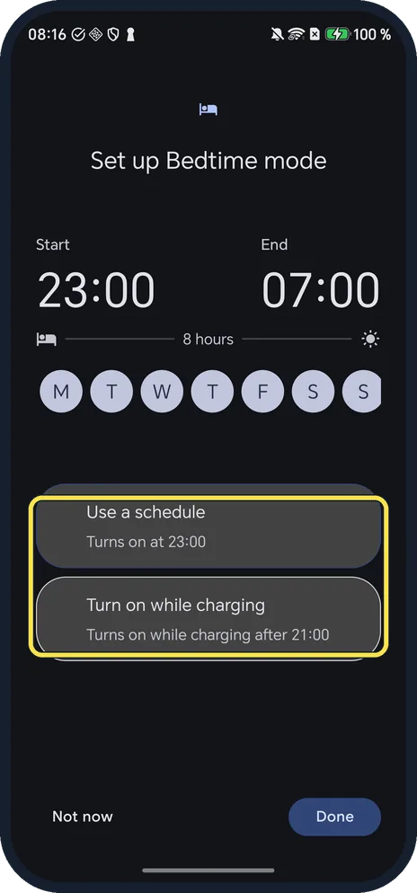 Android screenshot: Use a schedule and Turn on while charging in Set up Bedtime mode