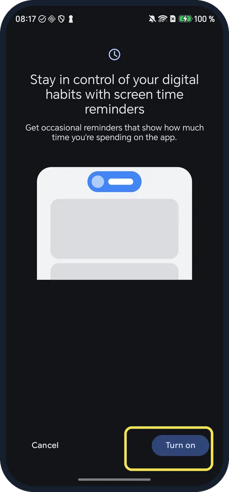 Android screenshot: Turn on button for screen time reminders