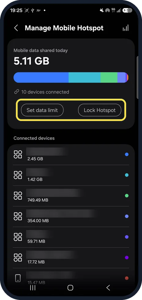Android screenshot: Set data limit and Lock Hotspot