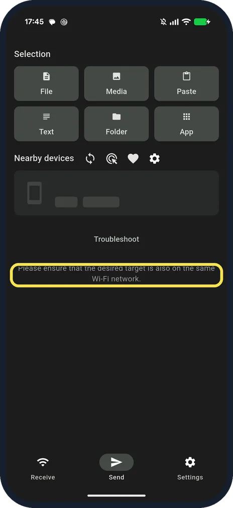 Android screenshot: Please ensure that the desired target is also on the same Wi-Fi network