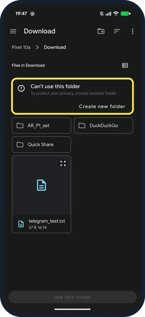 Android screenshot: Can't use this folder