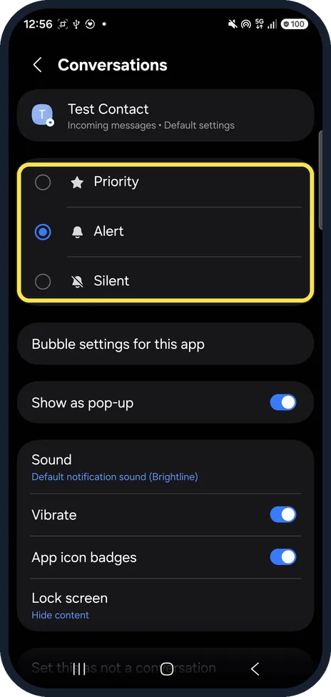 Android screenshot: Priority, Alert, Silent
