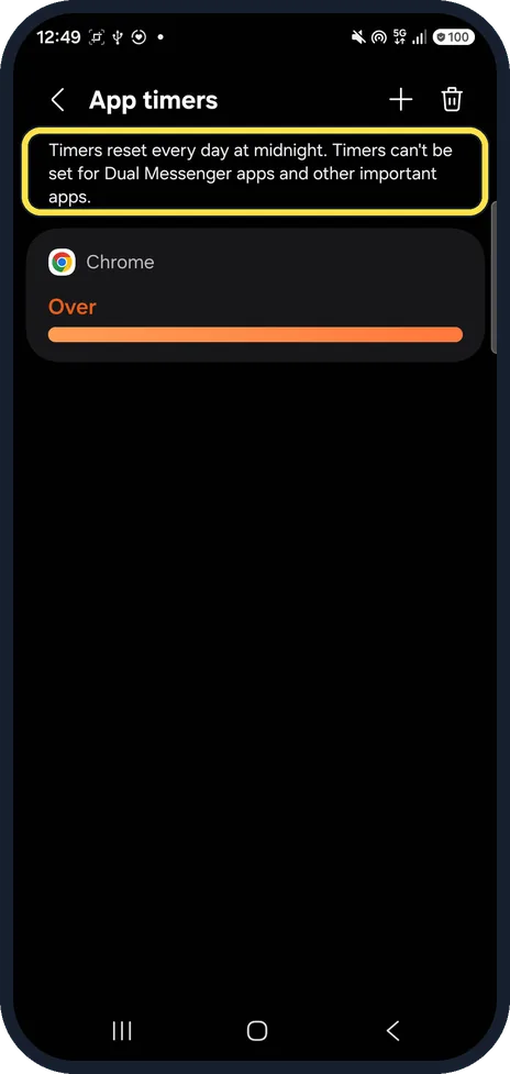Android screenshot: Timers reset at midnight