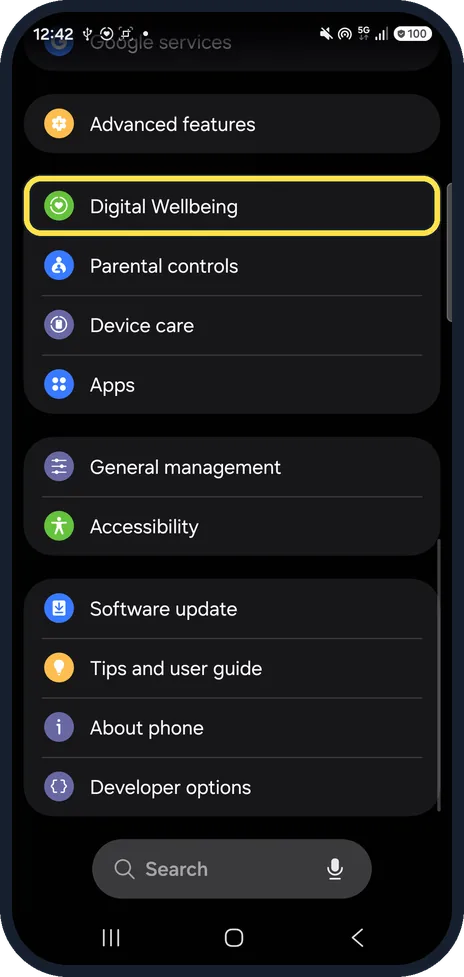 Android screenshot: Digital Wellbeing in Settings