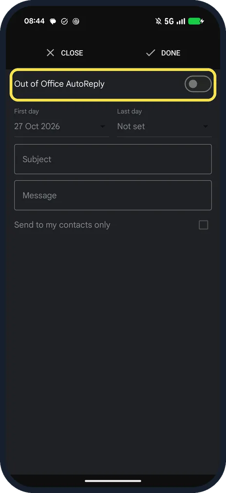 Android screenshot: Out of Office AutoReply switch in the Gmail app on a Pixel