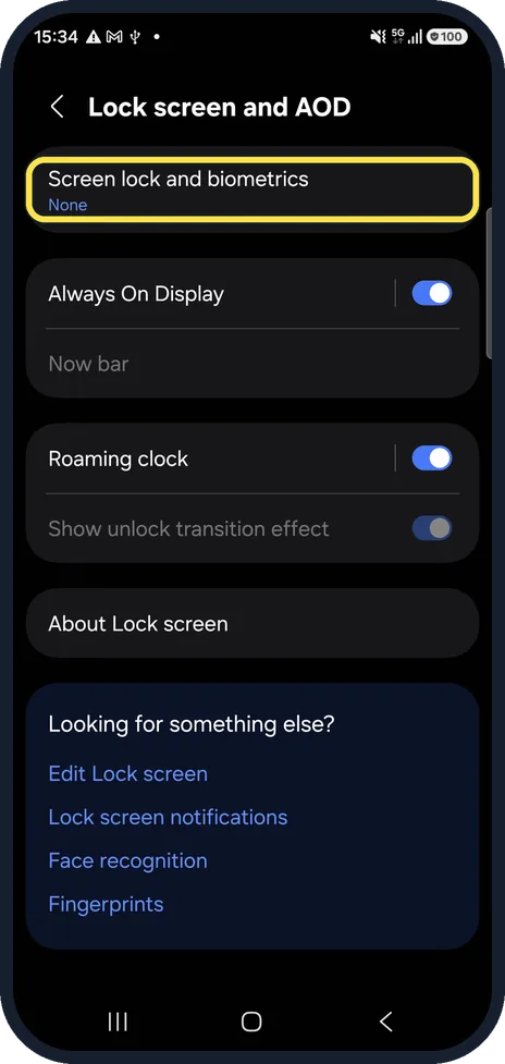 Android screenshot: Lock screen and AOD page on a Galaxy A57, One UI 8.5