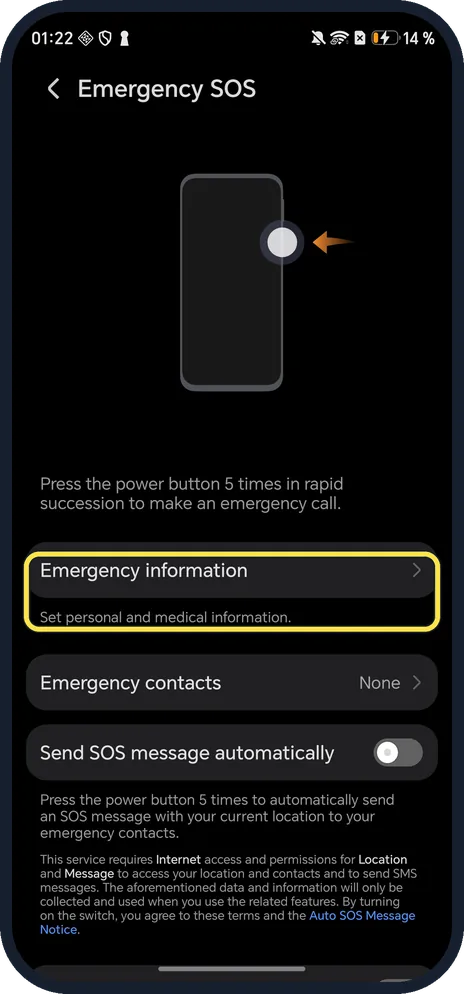 Android screenshot: Emergency information