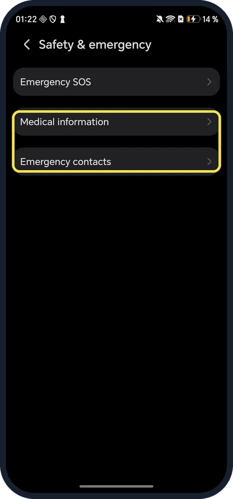 Android screenshot: Medical information, Emergency contacts