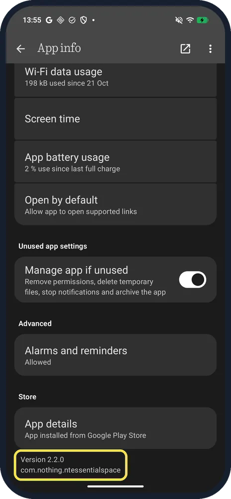 Android screenshot: Version 2.2.0 in App info