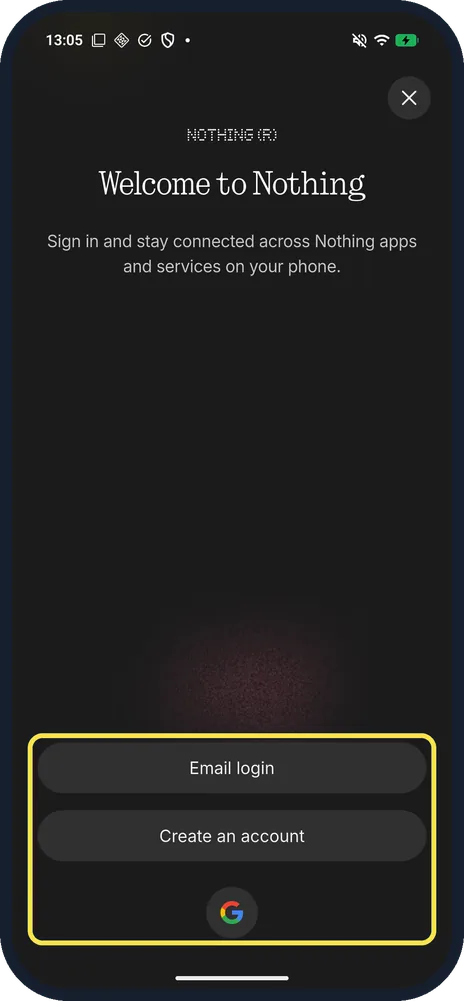 Android screenshot: Email login, Create an account and Google on the Welcome to Nothing sheet