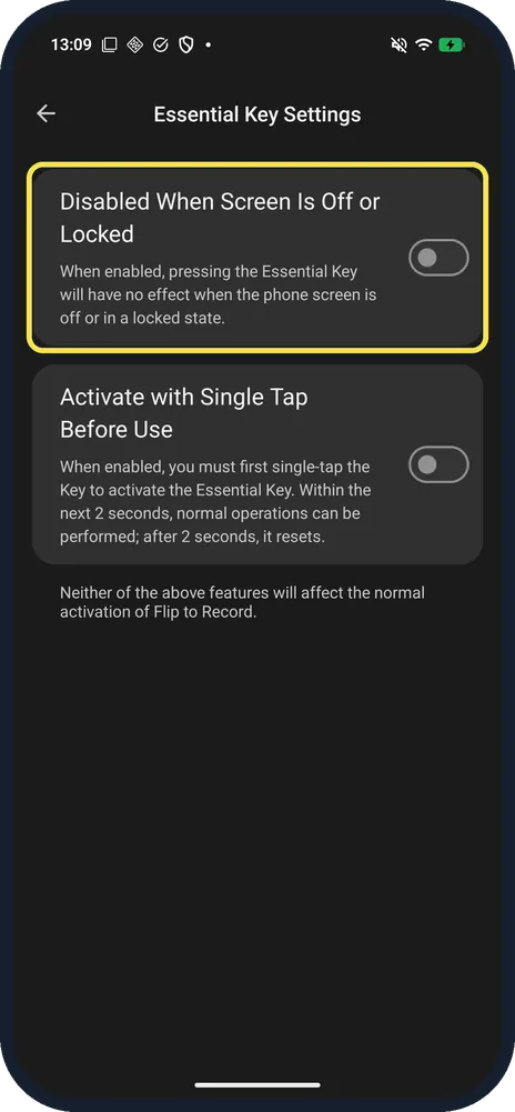 Android screenshot: Disabled When Screen Is Off or Locked