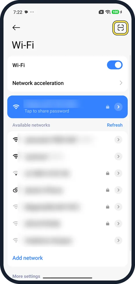 Android screenshot: QR scanner icon on the Wi-Fi page