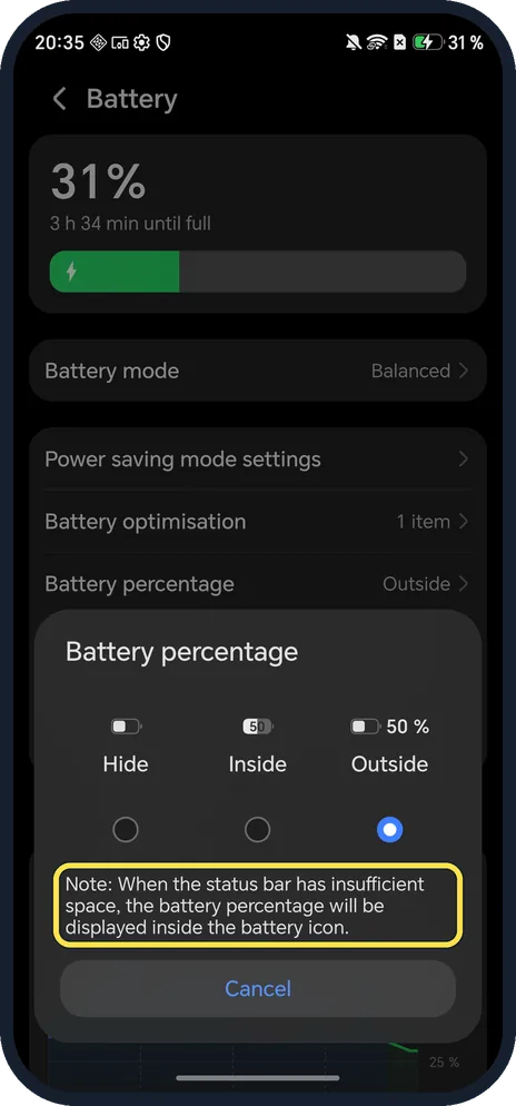 Android screenshot: Note: insufficient space