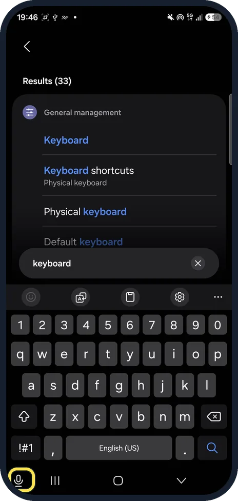 Android screenshot: Input method button at the left of the navigation bar