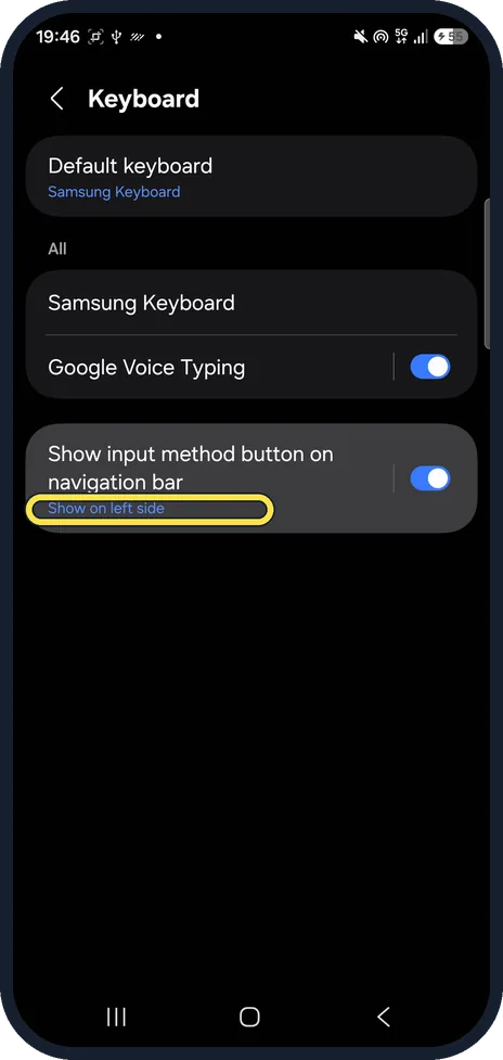 Android screenshot: Show on left side