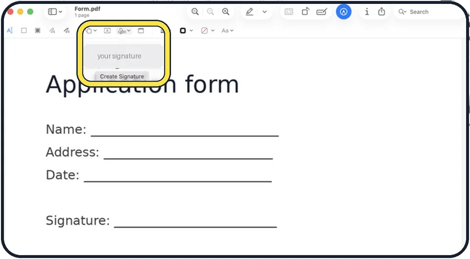 Mac screenshot: Click the Sign button and create a signature