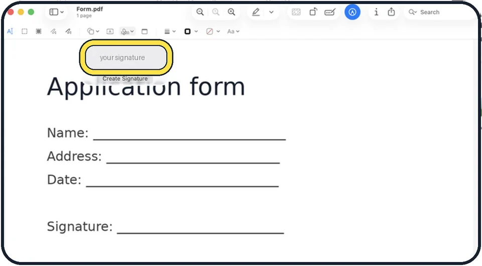 Mac screenshot: Place the signature