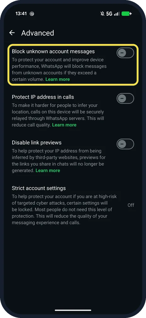 Android screenshot: Block unknown account messages