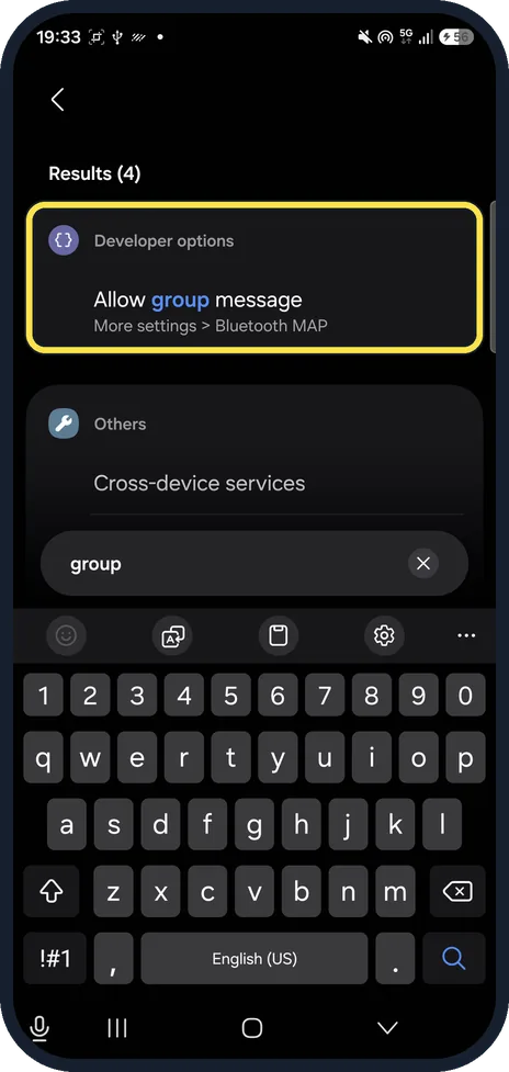 Android screenshot: Settings search for group with no notification result