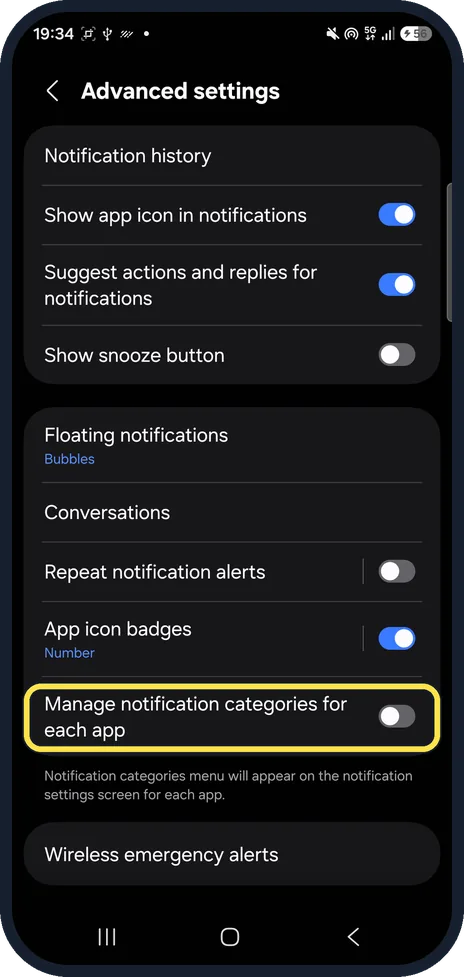Android screenshot: Manage notification categories for each app switch