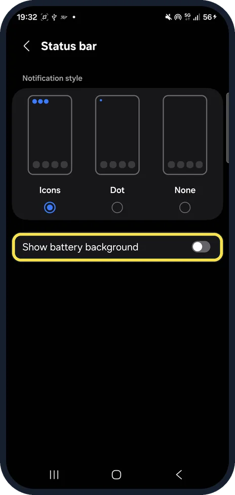 Android screenshot: Show battery background switch turned off