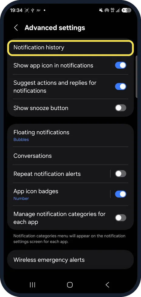 Android screenshot: Notification history row