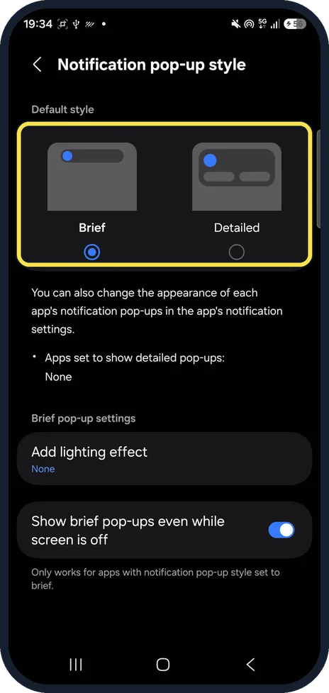 Android screenshot: Brief and Detailed pop-up styles