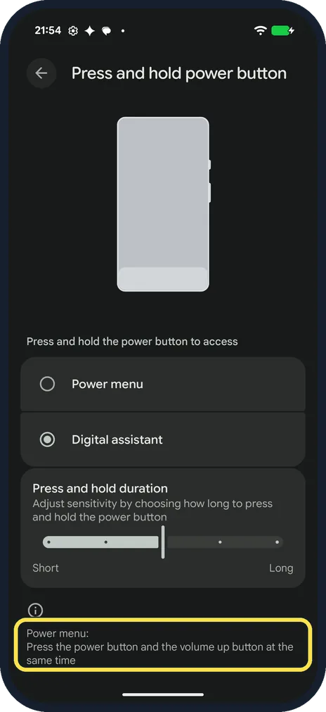 Android screenshot: Press and hold power button setting