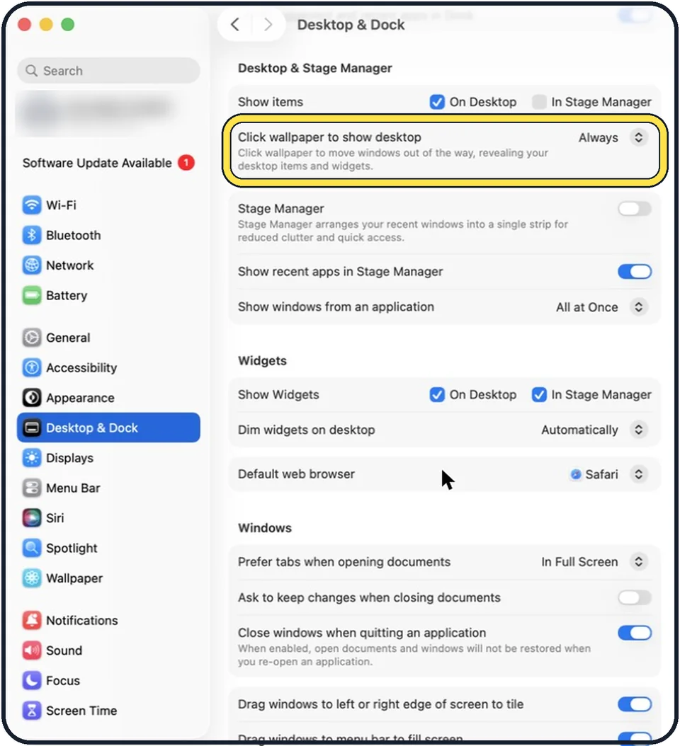 Mac screenshot: Scroll to Desktop & Stage Manager and set Click wallpaper to show desktop