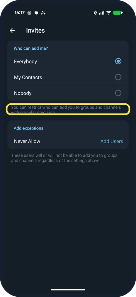 Android screenshot: You can restrict who can add you