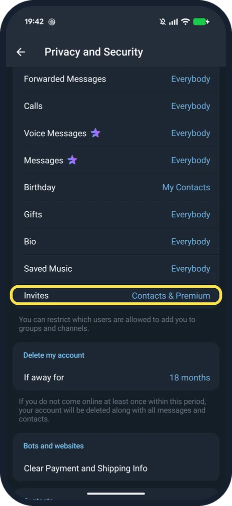 Android screenshot: Invites Contacts & Premium