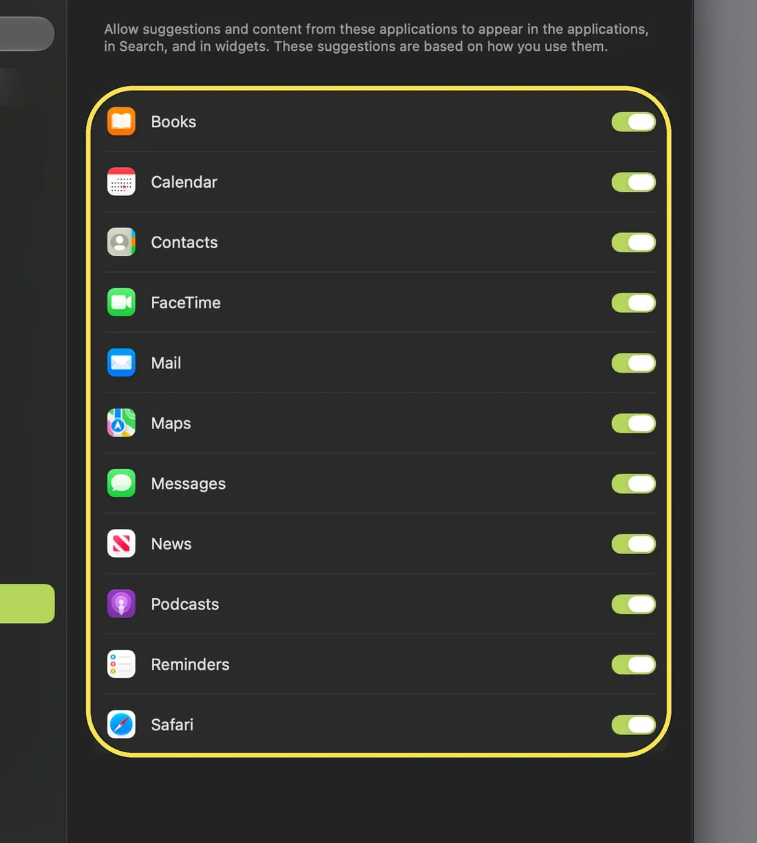 Mac screenshot: Suggestions, one switch per app