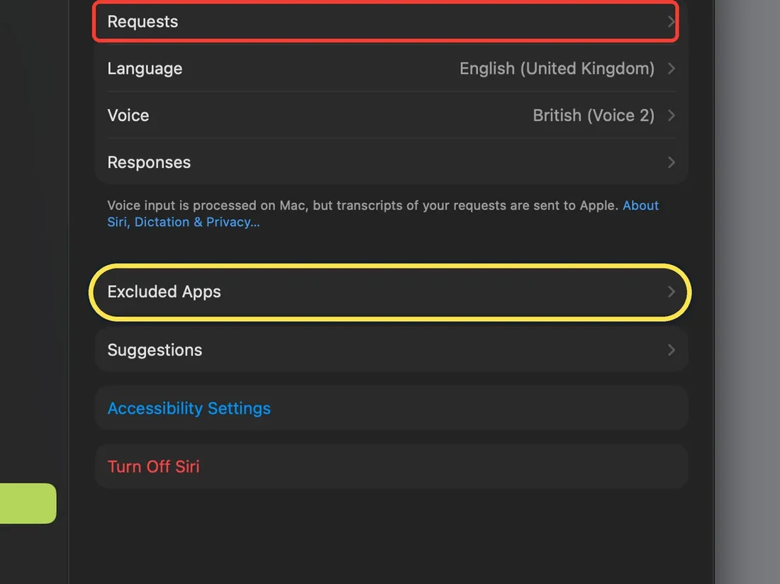 Mac screenshot: Siri on, Excluded Apps still there