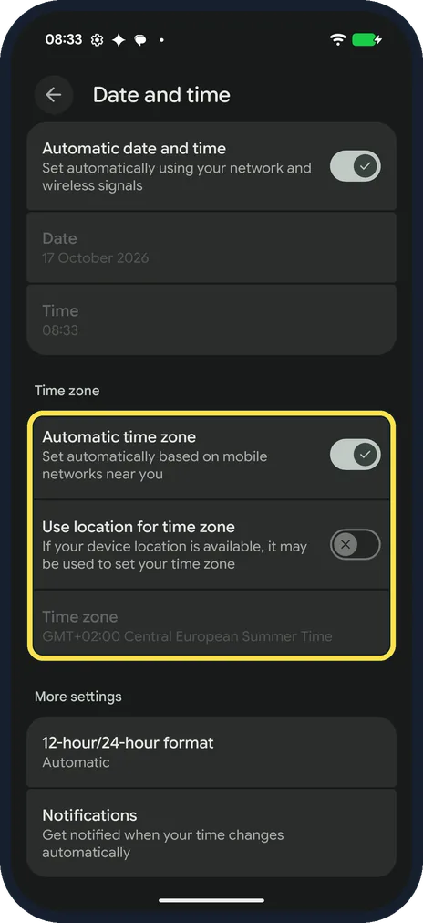 Android screenshot: Time zone settings: Automatic time zone on, Use location for time zone off
