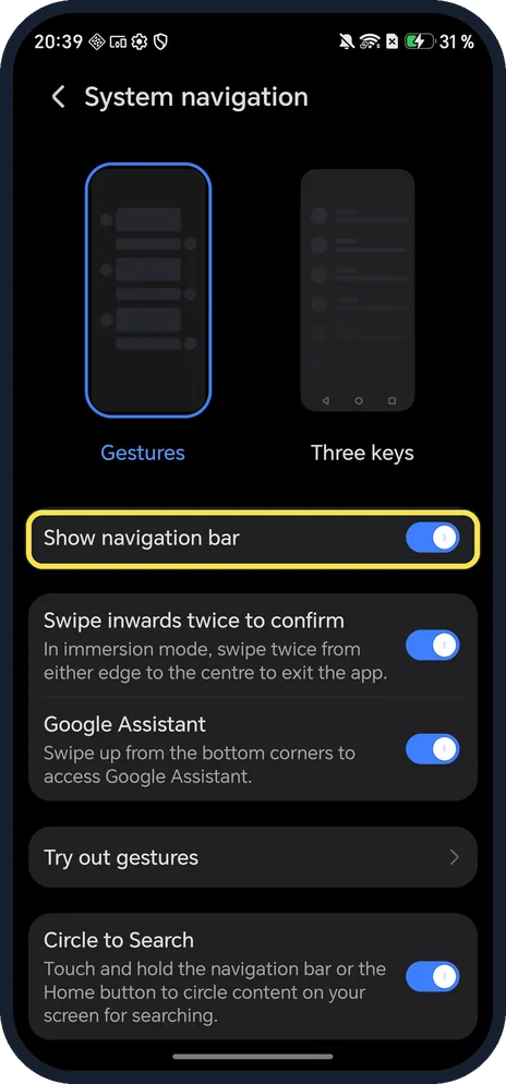 Android screenshot: Show navigation bar