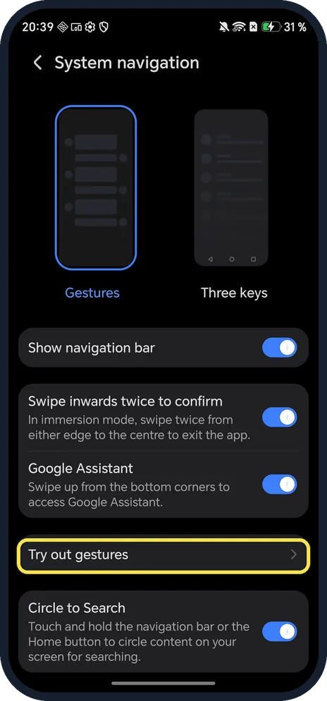 Android screenshot: Try out gestures
