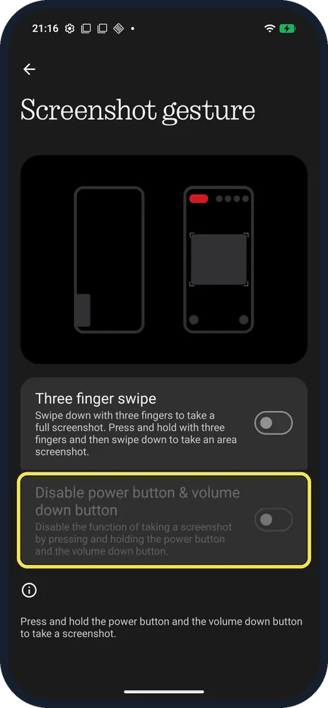 Android screenshot: Disable power button & volume down