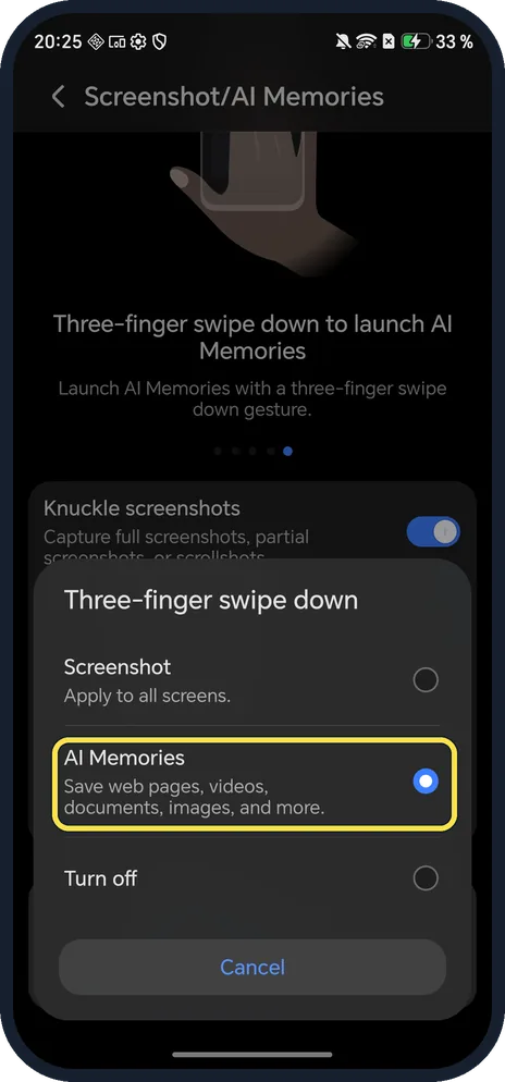 Android screenshot: AI Memories selected